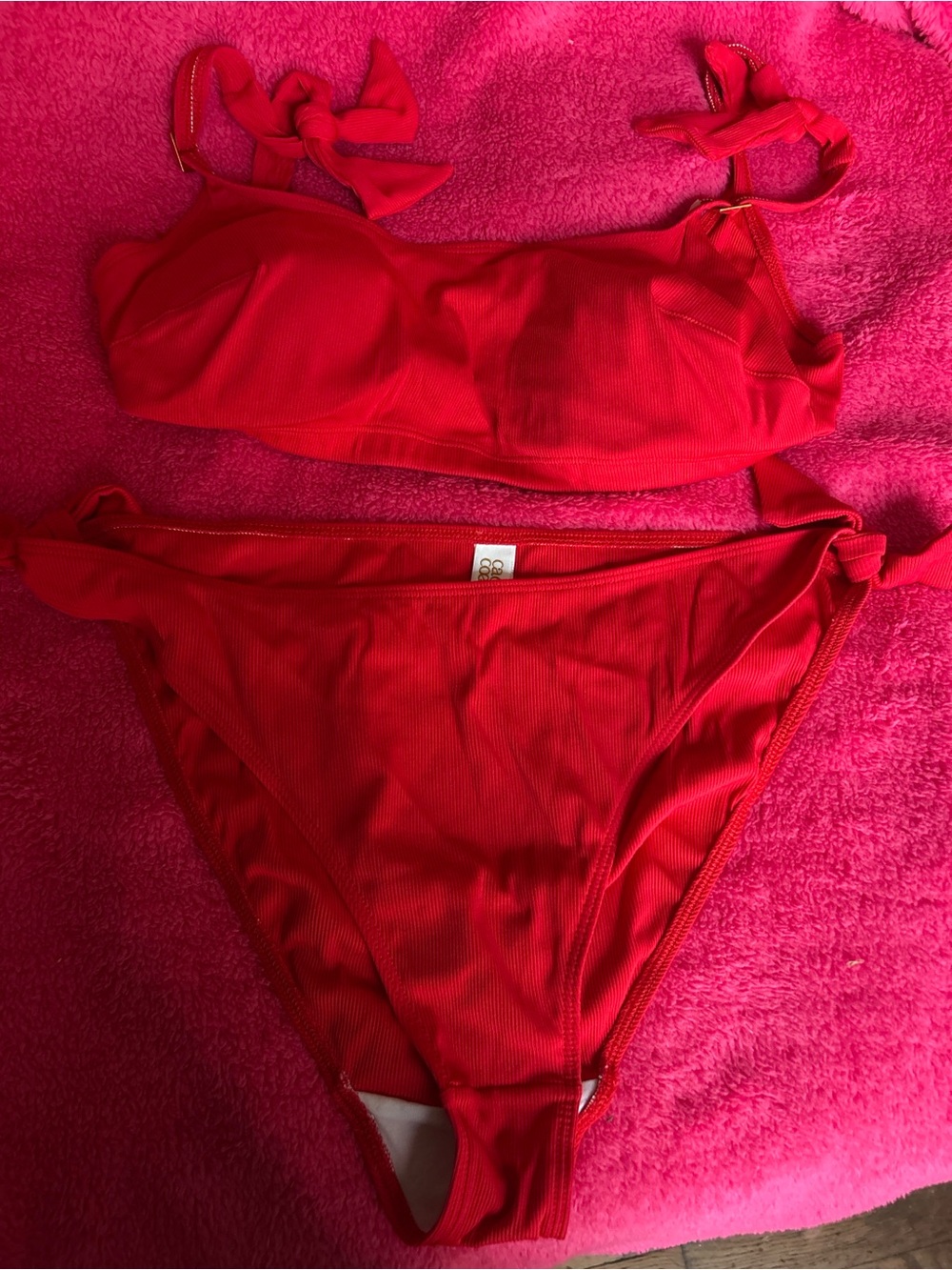 Cache Red Ribbed Tie-Shoulder Bikini Set